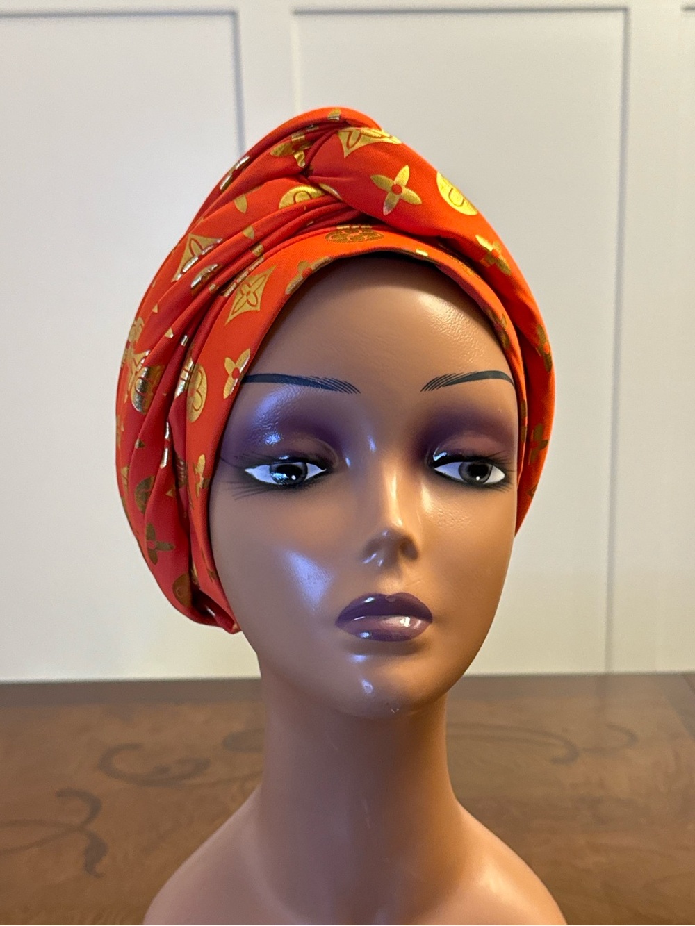 Orange Headwrap Turban with Gold Motif